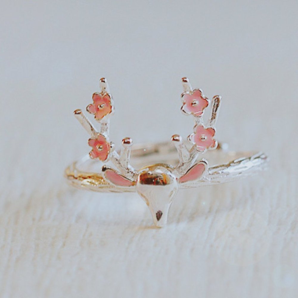 Christmas Deer Ring Adjustable Sterling Silver Animal Ring Pink Flower Ring her